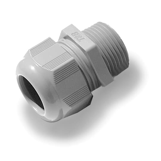 Non-metallic multi-hole fitting, " NPT threads, sleeve size for cord dimensions 0.511 to 0.709" (13-18mm), color gray, 4-hole grommet 0.260" (6.6mm).