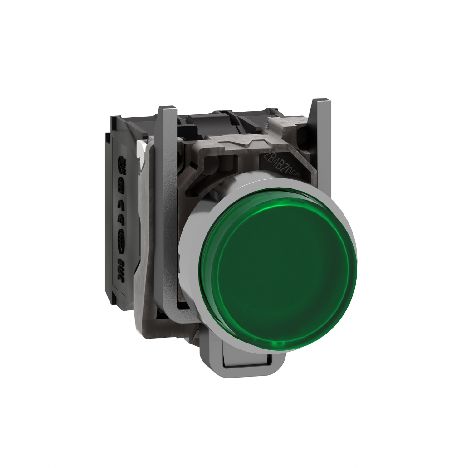 Illuminated push button, Harmony XB4, green flush, universal LED, 22mm, spring return, plain lens, 1NO + 1NC, 24V AC DC
