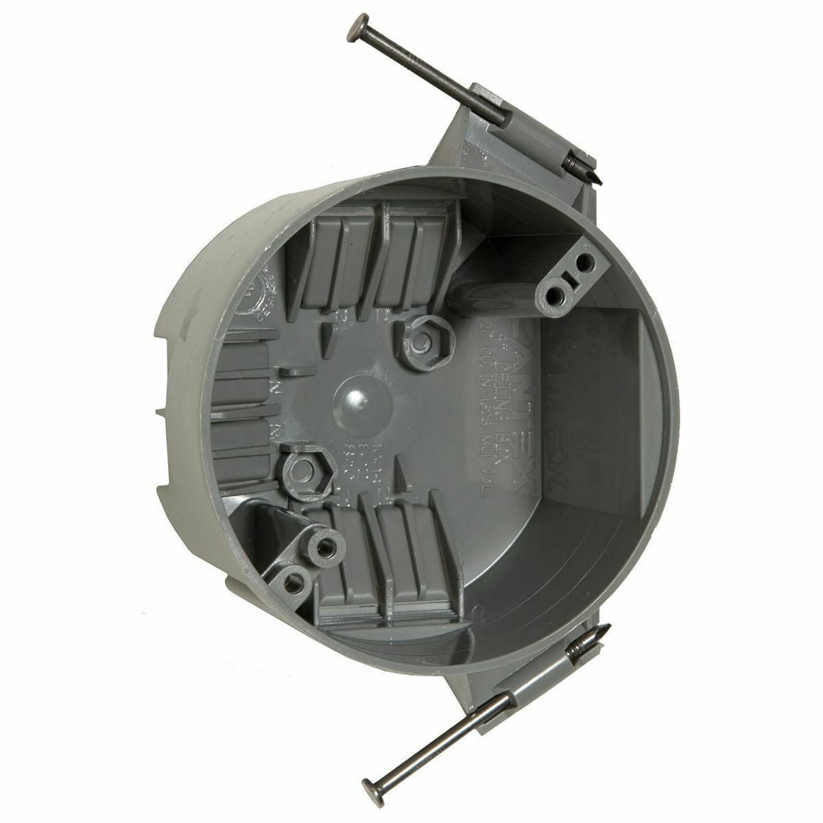 4 In. Round Ceiling Boxes - With Captive Nails for NonmetallicSheathedCable, 2-3/8 In. Deep, 20.0 Cu. In., 3/8 In. Setback, Nails