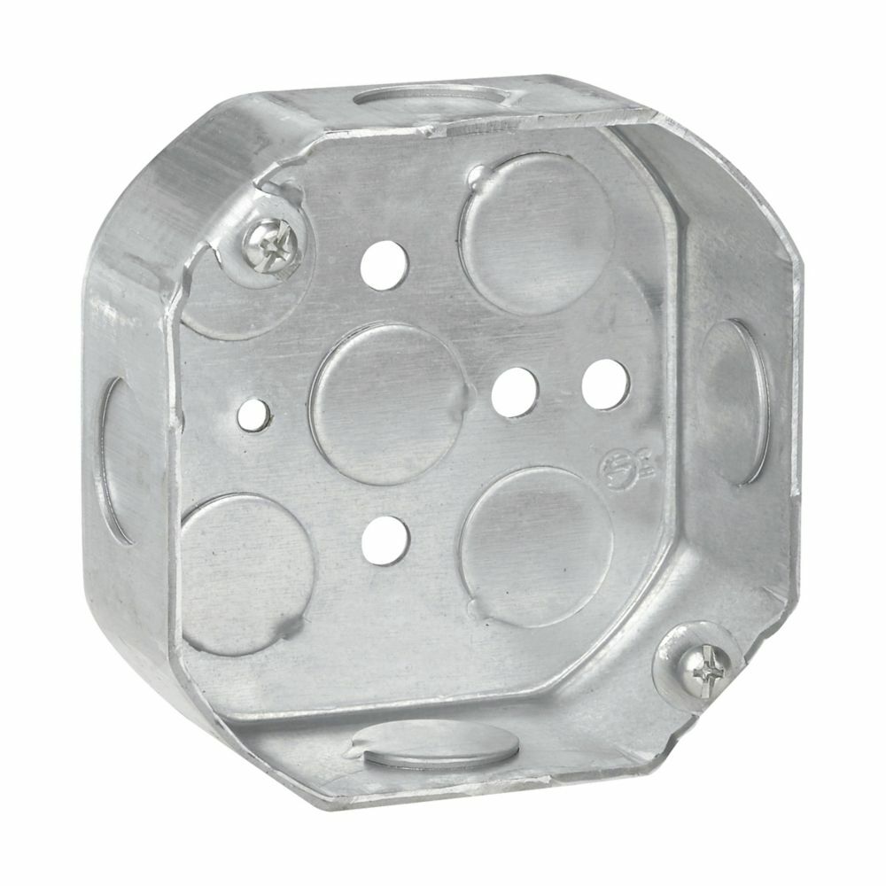 Eaton Crouse-Hinds series Octagon Outlet Box, (5) 1/2", 4", Conduit (no clamps), 1-1/2", Steel, (4) 1/2", Fixture rated, 15.5 cubic inch capacity