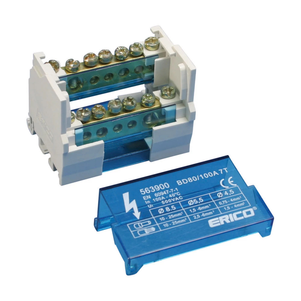 Two Pole Distribution Block, 80/100 A, 2 Line Side & 13 Load Side Connections