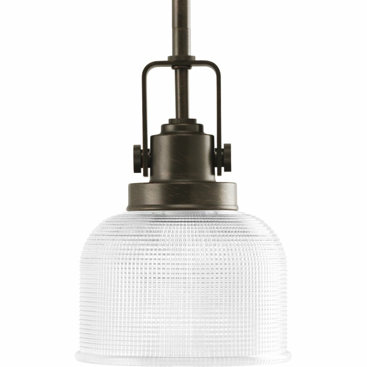 The Archie Collection brings a vintage, industrial flair to interior settings. The collection?s distinctive double prismatic glass adds visual interest as its crisscross pattern comes to life when illuminated. The distinctive finely crafted strap and knob detail adds authentic industrial flair. This one-light mini-pendant is perfect for kitchens, dining rooms, rec room and anywhere pendants could be used. Venetian Bronze finish.
