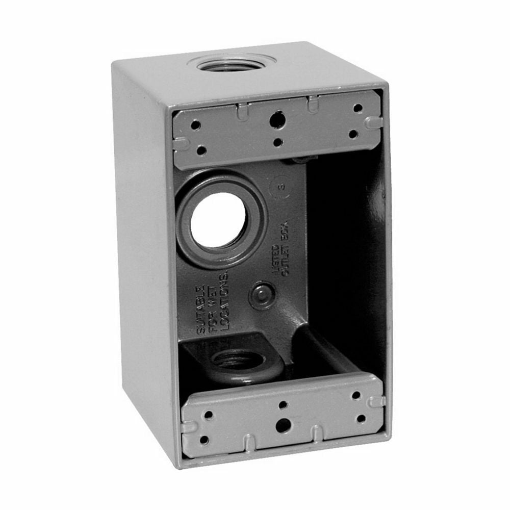 Eaton Crouse-Hinds series weatherproof outlet box, 24.0 cu in, Gray, 2-5/8" deep, Die cast aluminum, Single-gang, (3) 3/4" outlet holes, Rectangular, with lugs