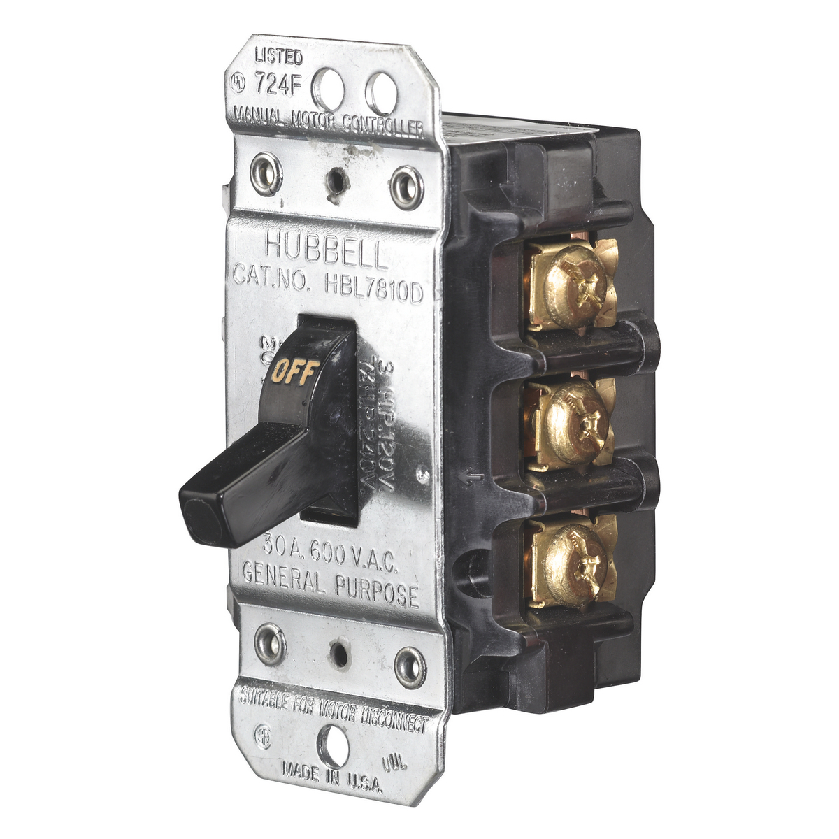 Switches and Lighting Controls, Industrial Grade, Manual Motor Controllers, Motor Disconnects, Three Pole, 30A 600V AC, Back and Side Wired, Black