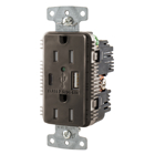 USB Charger Duplex Receptacle, 15A 125V,2-Pole 3-Wire Grounding, 5-15R, 1) 5A "C" USB and "A" Ports, Brown