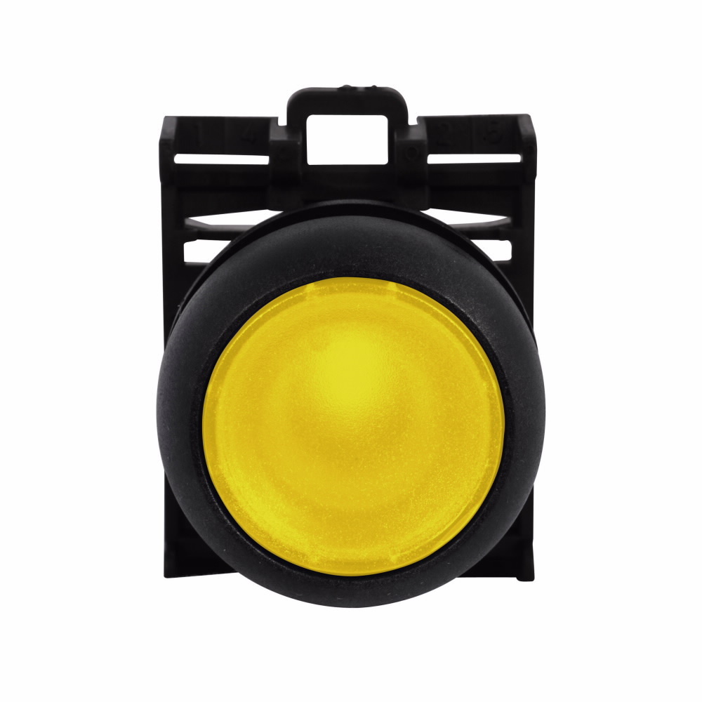 Eaton M22 modular pushbutton, 22.5 mm, Flush, Momentary, Illuminated, Bezel: Black, Button: Yellow, IP67, IP69K, NEMA 4x, 13, 5,000,000 Million mechanical operations
