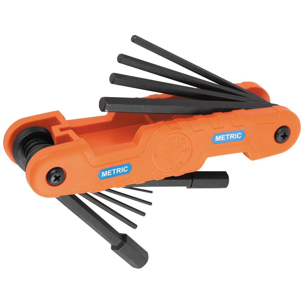 Klein Tools' Pro Folding Hex Key line features a highly durable reinforced nylon handle with easy access to each key. The heavy-duty 10-Piece set includes 4-Inch-long extended reach blades and a strategically placed #2 Phillips fastener on the outer body for effortless key tension adjustment. Klein Tools' hex sets are color-coded for quick identification: red for inch, blue for mm, and green for Torx, enhancing efficiency.