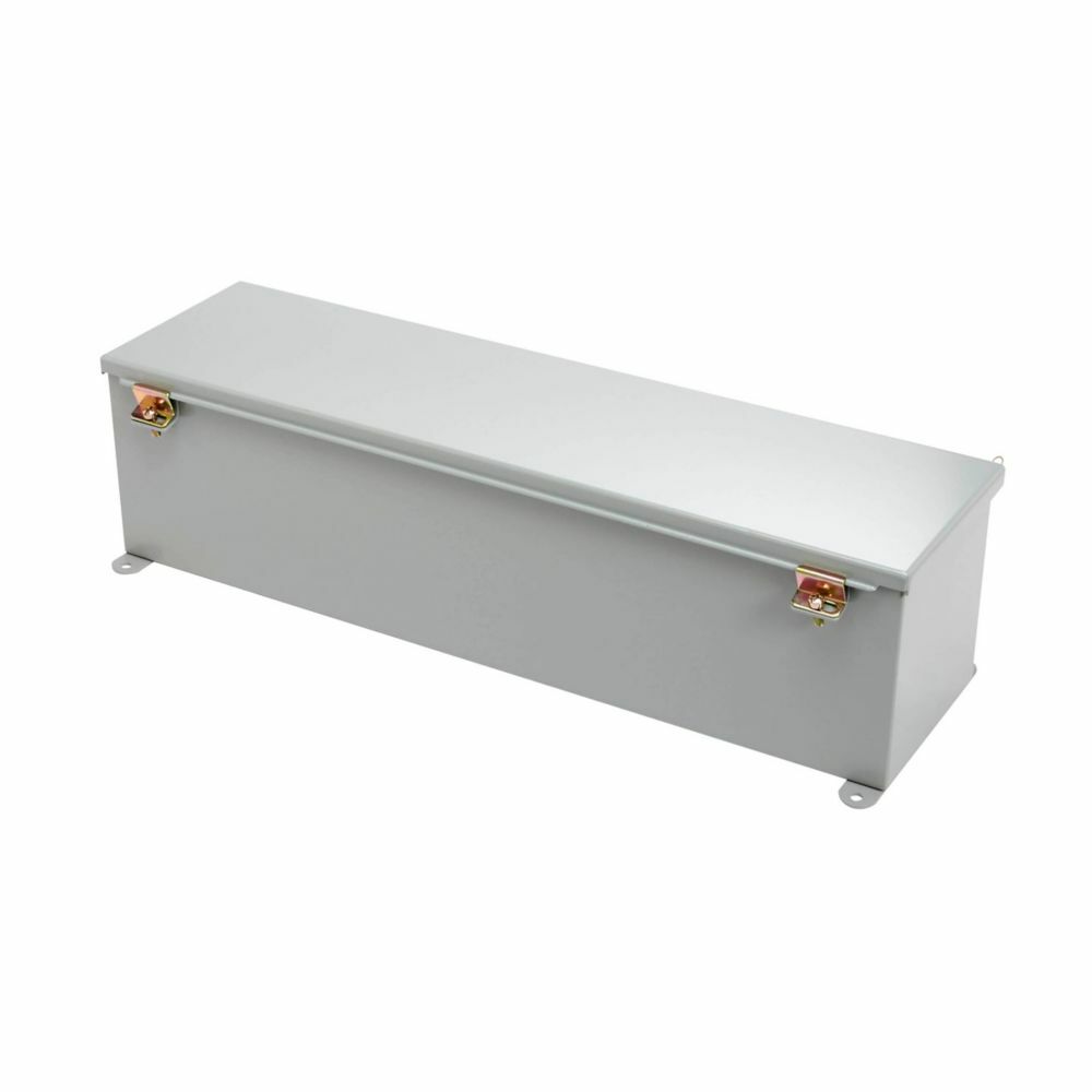 Eaton B-Line series wiring trough, 6" height, 12" length, 6" width, 12WT wiring trough, Welded external mounting feet, Hinged cover, NEMA 12, Steel, Seamless poured in-place, Hinged, Gray, 14 gauge