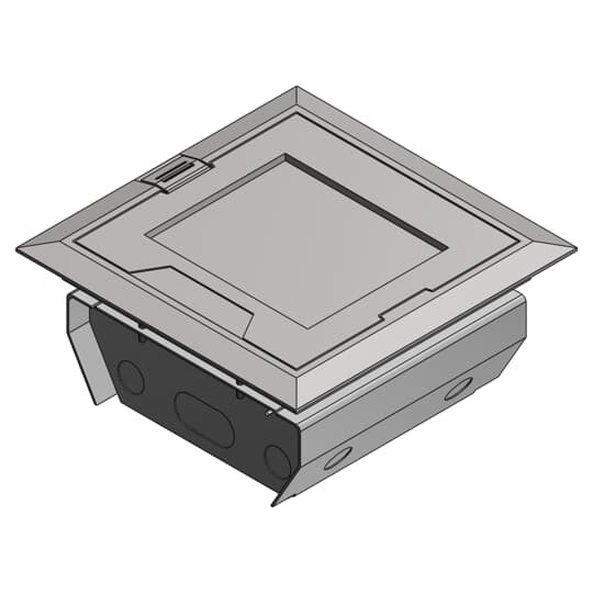 Three Compartment Raised Access Floor Module, 150 Cubic Inches, Floor Cut Out Length 7-15/16 Inches, Width 7-15/16 Inches, Cover Size Length 7-5/8 Inches, Width 7-5/8 Inches, Depth 4 Inches, Galvanized Steel with Aluminum Cover