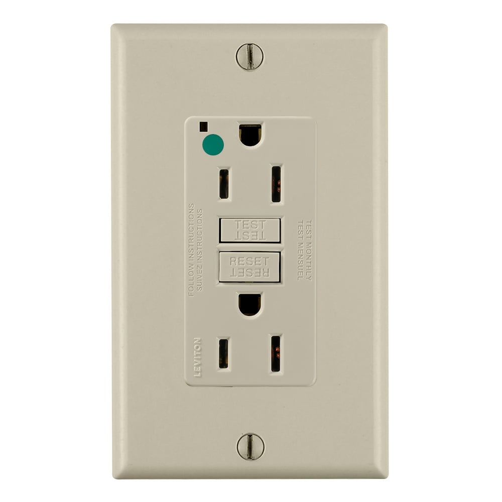 15 Amp, 125 Volt, SmartlockPro Slim Self-Test GFCI Receptacle, Extra-Heavy Duty Hospital Grade, NEMA 5-15R, 20A Feed-Through, 2P, 3W, Matching Wallplate Included - IVORY