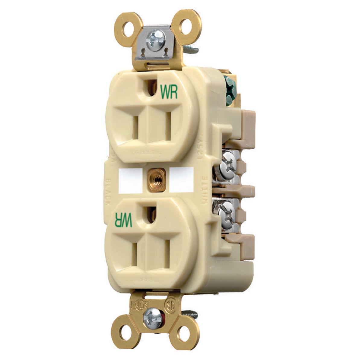 Straight Blade Devices, Receptacles, Weather-Resistant Duplex, Industrial Grade, 15A 125V, 2-Pole 3-Wire Grounding, 5-15R, Ivory, Single Pack.
