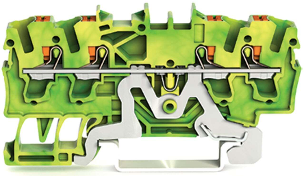 4-conductor ground terminal block; with push-button; 2.5 mm; with test port; side and center marking; for DIN-rail 35 x 15 and 35 x 7.5; Push-in CAGE CLAMP; 2,50 mm; green-yellow
