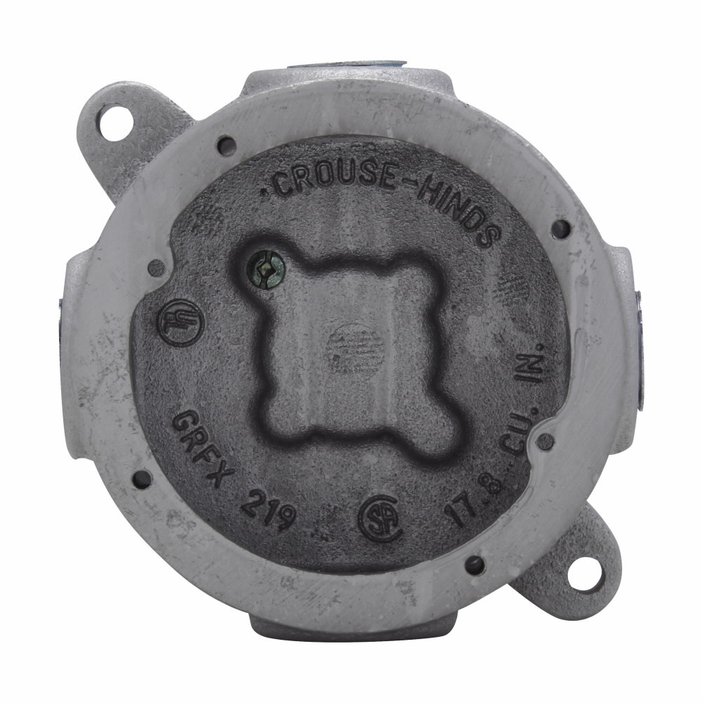 Eaton Crouse-Hinds series Condulet GRF tapped outlet box with lugs, 2-1/16" inside depth, Feraloy iron alloy, Surface mount, 4 hubs, 3 plugs, Blank back boss, 1"