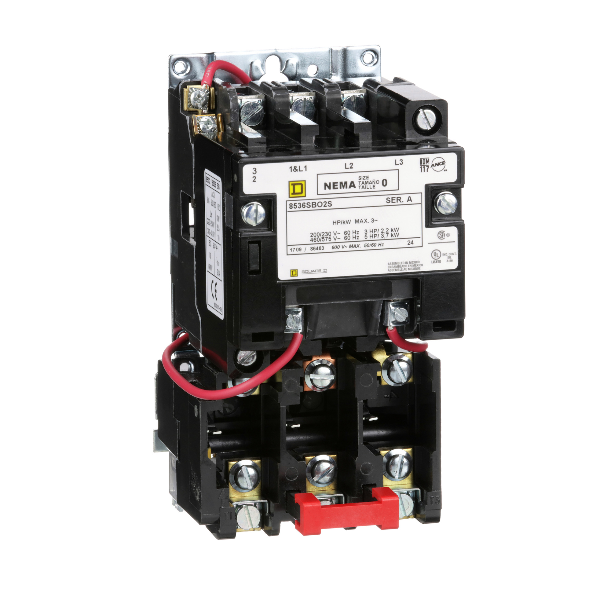 NEMA Motor Starter, Type S, nonreversing, Size 0, 18A, 5 HP at 460 VAC, 5 kA SCCR, 3 phase, 3 pole, melting alloy, 480 VAC coil, open