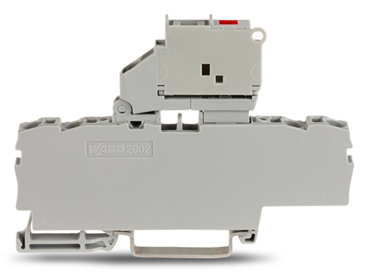 4-conductor fuse terminal block; with pivoting fuse holder; with end plate; for 5 x 20 mm miniature metric fuse; with blown fuse indication by LED; 230 V; for DIN-rail 35 x 15 and 35 x 7.5; 2.5 mm; Push-in CAGE CLAMP; 2,50 mm; gray