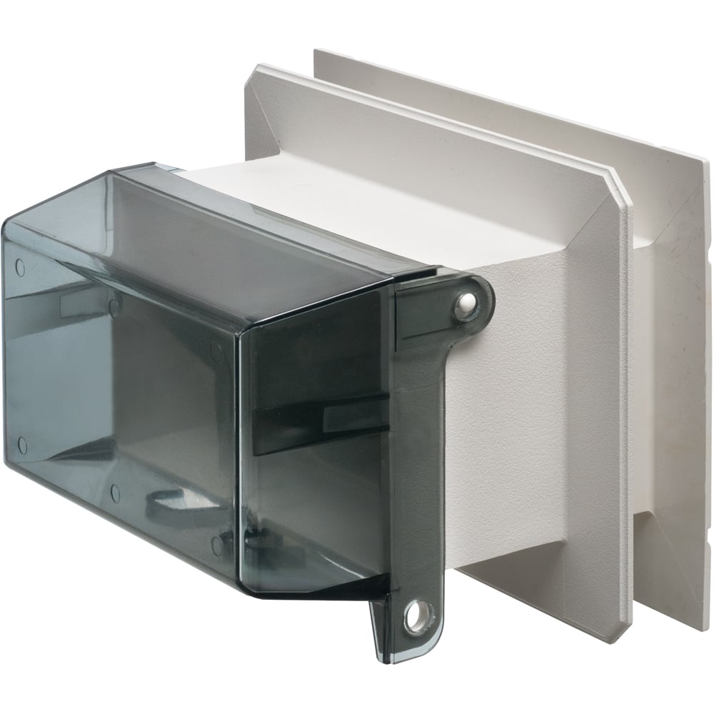 One piece weather proof outlet box for vinyl siding. Extra Duty Covers. Horizontal with Clear Cover.