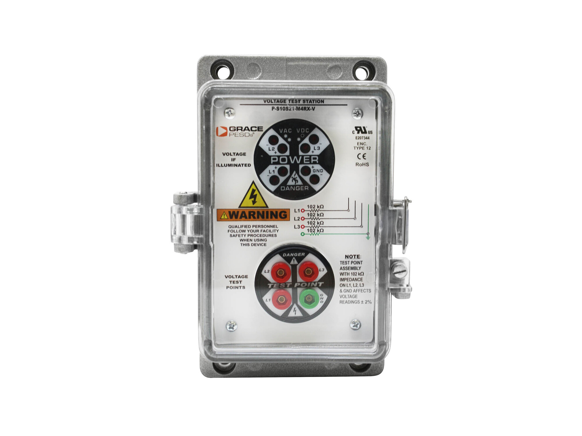 VOLTAGE TEST STATION WITH FLASHING VOLTAGE INDICATOR AND SAFE TEST POINT, VERTICAL MOUNT, UL TYPE 12 HOUSING