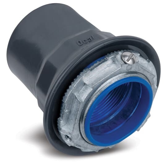 PVC Coated Zinc Grounded Hub with Thermoplastic Insulated Throat, Pipe Size 3/4 Inch/21 Metric, Overall Diameter 1.44 Inch/36.58 Millimeters, Maximum Panel Thickness 0.19 Inch/4.83 Millimeters, Throat Diameter 0.78 Inch/19.81 Millimeters, Nitrile Rubber (Buna-N) Sealing Ring, Light Blue