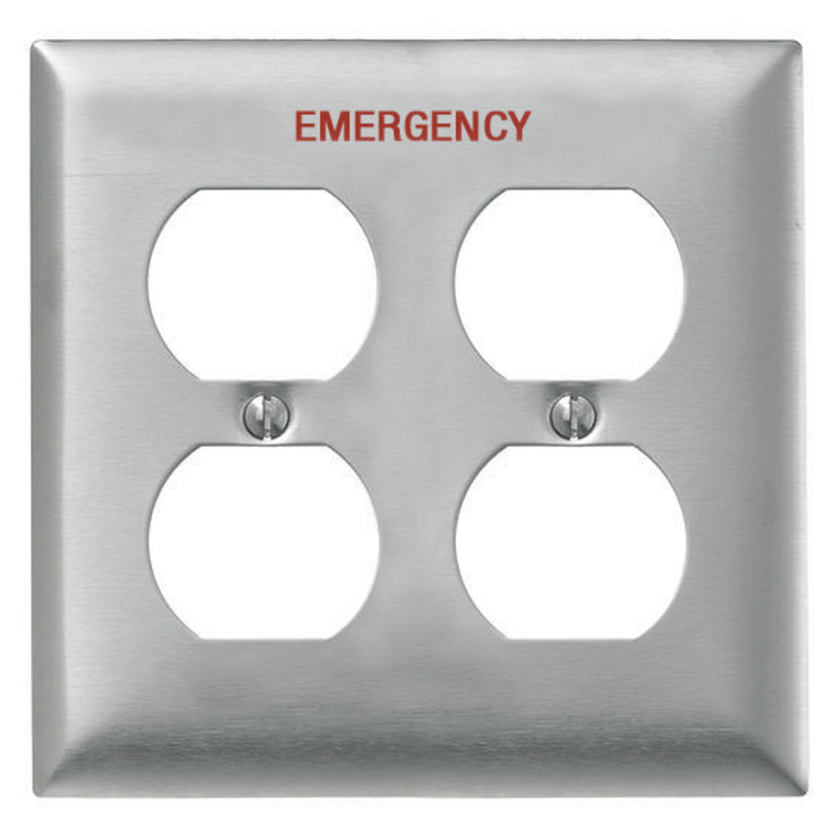 Wallplates and Boxes, Metallic Plates, 2- Gang, 2) Duplex Openings, Standard Size, Stainless Steel, Engraved EMERGENCY