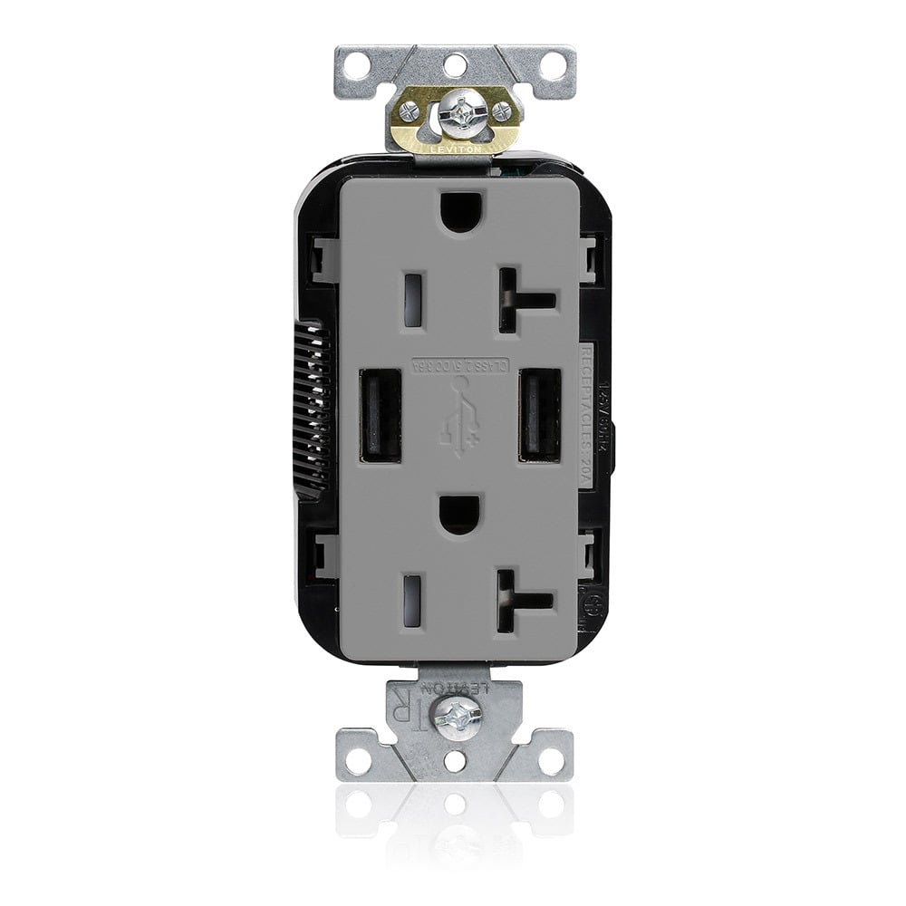 M58AA-GY Lev-Lok Combination Duplex Heavy Duty Self-Grounding Smooth Face Tamper-Resistant USB Receptacle, 125 V AC, 20 A, 18 W, 1 hp, 2 Poles, 3 Wires, Gray