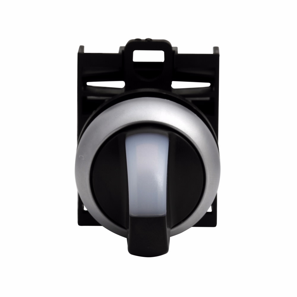 Eaton M22 modular pushbutton, M22 Modular Selector Switch Operator, 22.5 mm, Knob, Maintained, Illuminated, Bezel: Silver, Button: White, IP66, NEMA 4X, 13, Three-position, Light 100,000 hours, Button 100,000 Operations