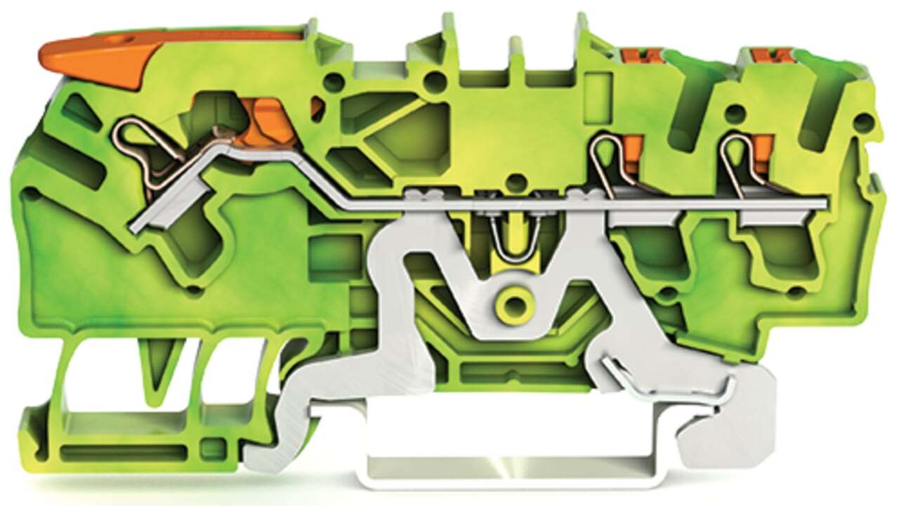 3-conductor ground terminal block; with lever and push-button; 2.5 mm; with test port; side and center marking; for DIN-rail 35 x 15 and 35 x 7.5; Push-in CAGE CLAMP; 2,50 mm; green-yellow