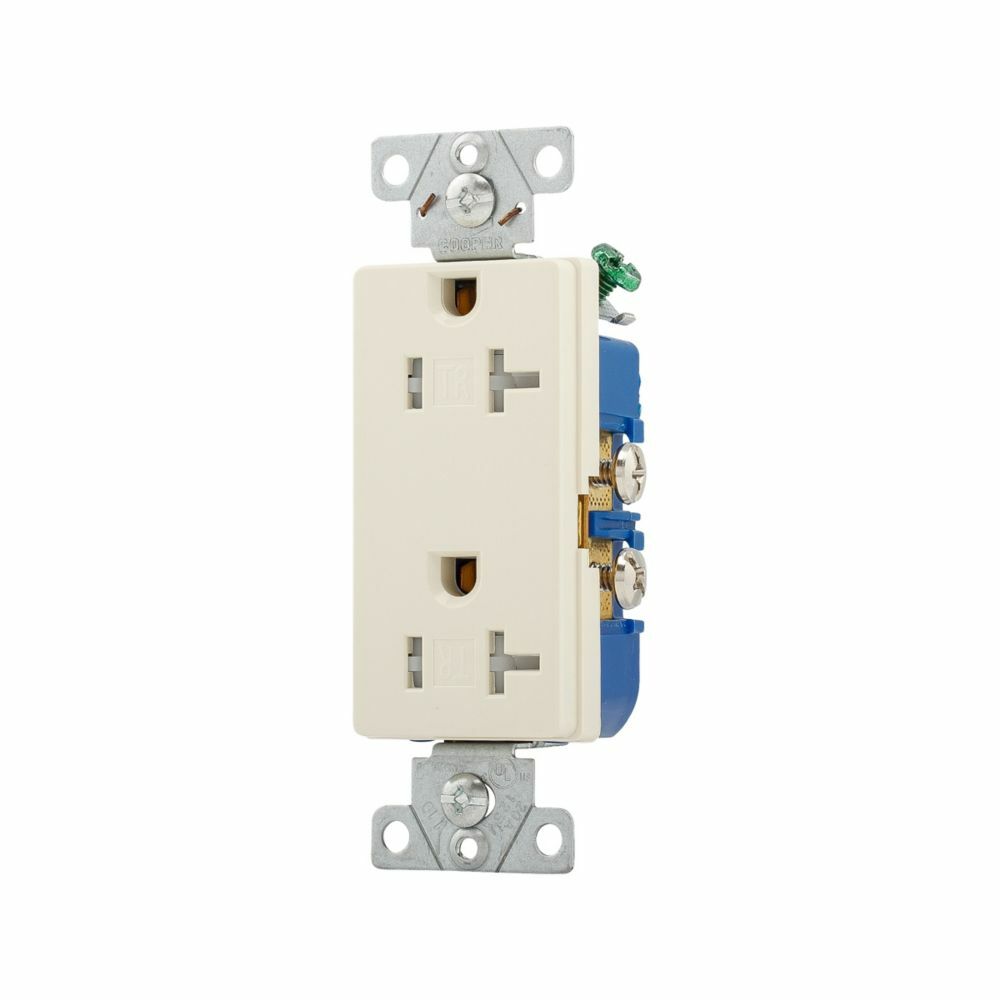 Eaton residential grade decorator duplex receptacle, #14-10 AWG, 20A, Commercial, Residential, Flush, 125V, Side wire, Light almond, Brass, Impact-resistant thermoplastic face, PVC body, 5-20R, Duplex, Screw, Thermoplastic, ED Box
