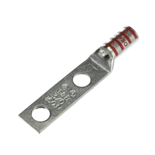 Copper Two-Hole Lug, Long Barrel, Peep Hole, Max 35kV, Wire Size 3/0 AWG, 1/2 Inch Bolt Size, 1-3/4 Inch Hole Spacing, Tin Plated, Die Code 50, Die Color Code Orange