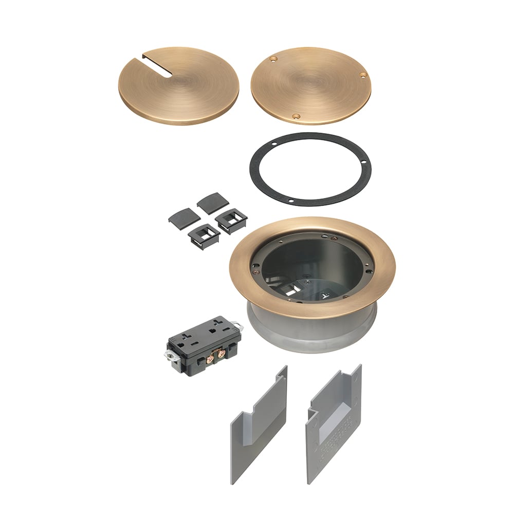 Two low voltage openings. Ultra-thin stamped steel antique brass plated flange cover, flush-to-floor in-use and blank cover. Installed UL Listed 20A tamper-resistant decorator-style receptacle.