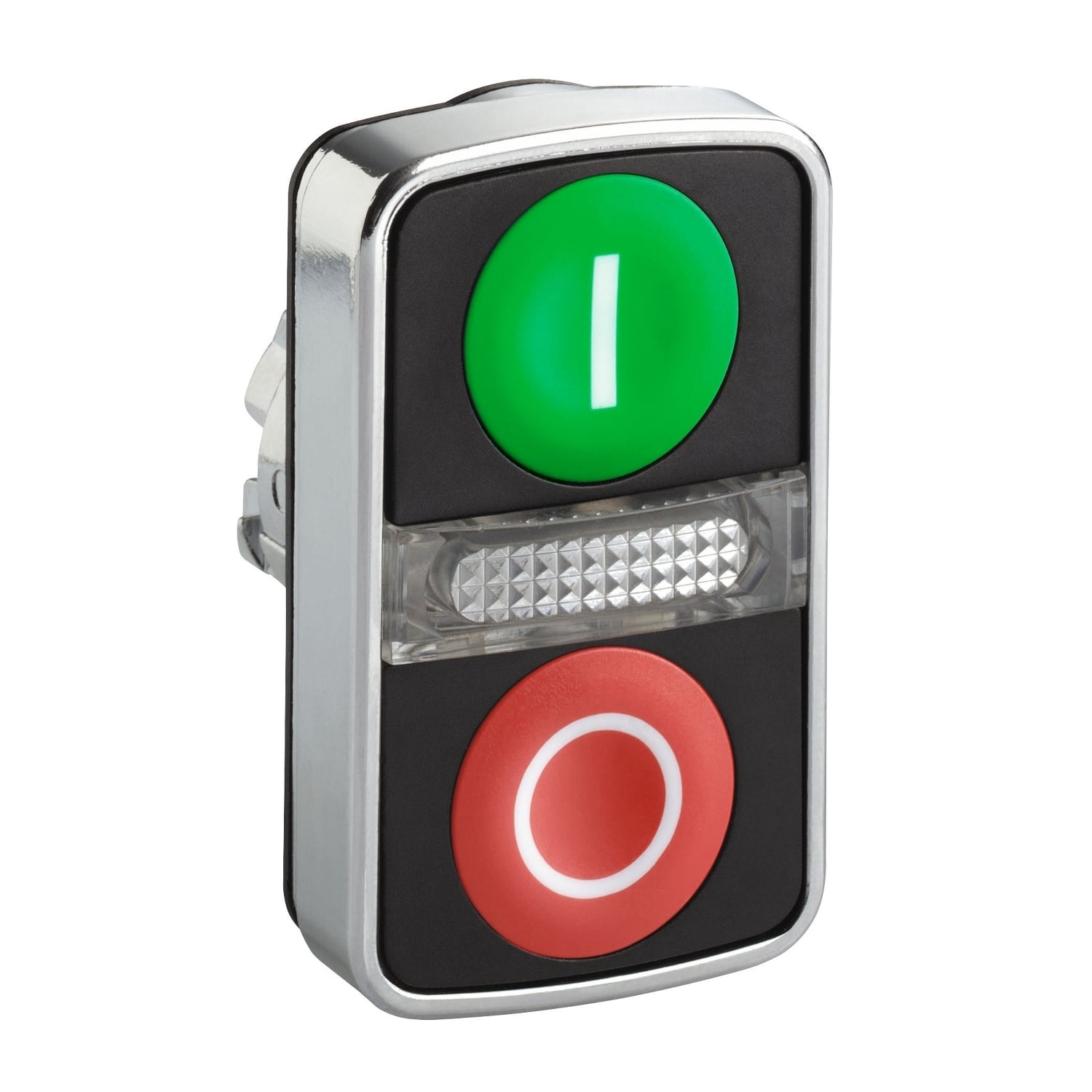 Illuminated double headed push button head, Harmony XB4, metal, 22mm, 1 green flush marked I + 1 pilot light + 1 red flush marked O
