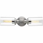 This two-light bath & vanity fixture offer a vintage electric feel. Clear glass shades featured on either side of the back plate. Two-toned finish antique nickel with polished chrome accents. Can be mounted horizontally or vertically.