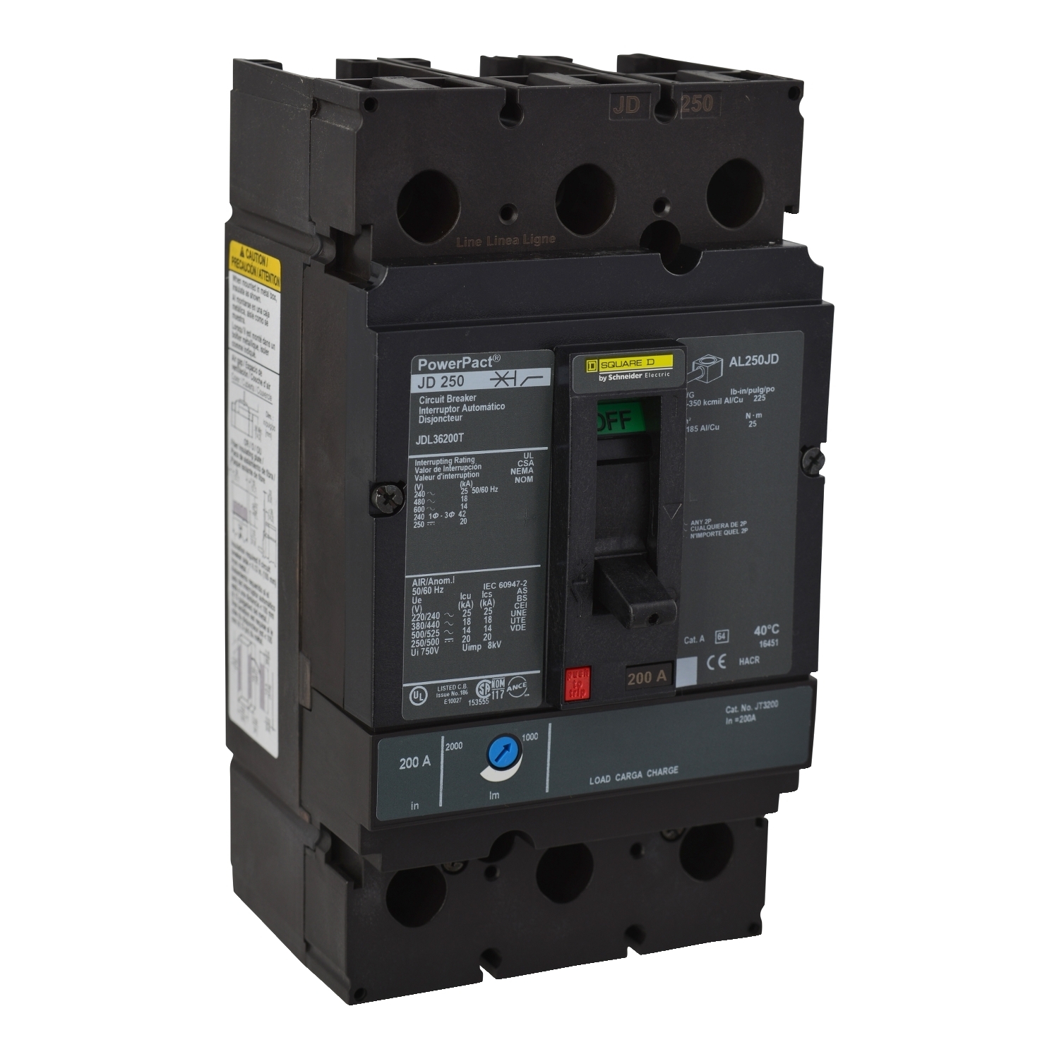 Circuit breaker, PowerPacT J, 200A, 3 pole, 600VAC, 14kA, lugs, thermal magnetic, 80%, interchangeable trip units
