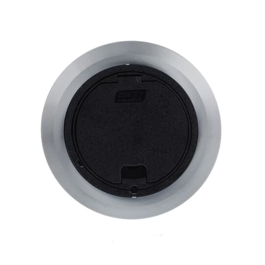 Recessed Service Floor Box Cover Kit, Accepts Duplex Receptacles GFI Receptacles and 2 Port Keystone Data Plate, Black with Aluminum Flange, For use with Flush Service Floor Box, 100 Cubic Inches, Opening Diameter 5-5/32 Inches, Base Diameter 6-3/8 Inches, Depth 6 Inches, 3/4 Inch and 1 Inch Conduit Tapping, Plastic, For Power or Communications/Data and Wood Sub-Floor and Raised Floor Applications