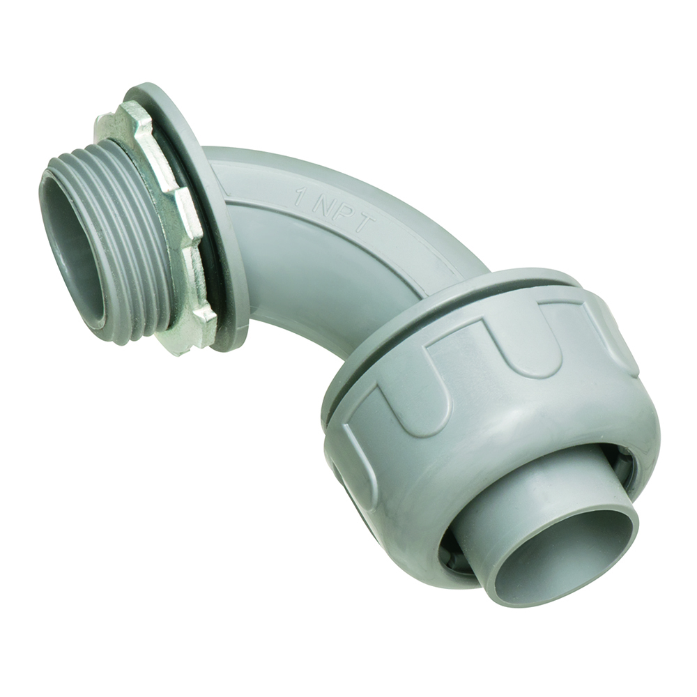 Non-metallic Liquid-tight 90 degree 1/2 inch connector for use with type B conduit. Produced from UV rated plastic for long outdoor life.