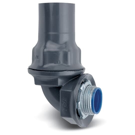 PVC Coated Liquitight Conduit Connector, 90 Degree, Pipe Size 2-1/2 Inch/63 Metric, Minimum .040 Inch (40 mil) PVC Coating on Exterior, Steel Fitting, Dark Gray