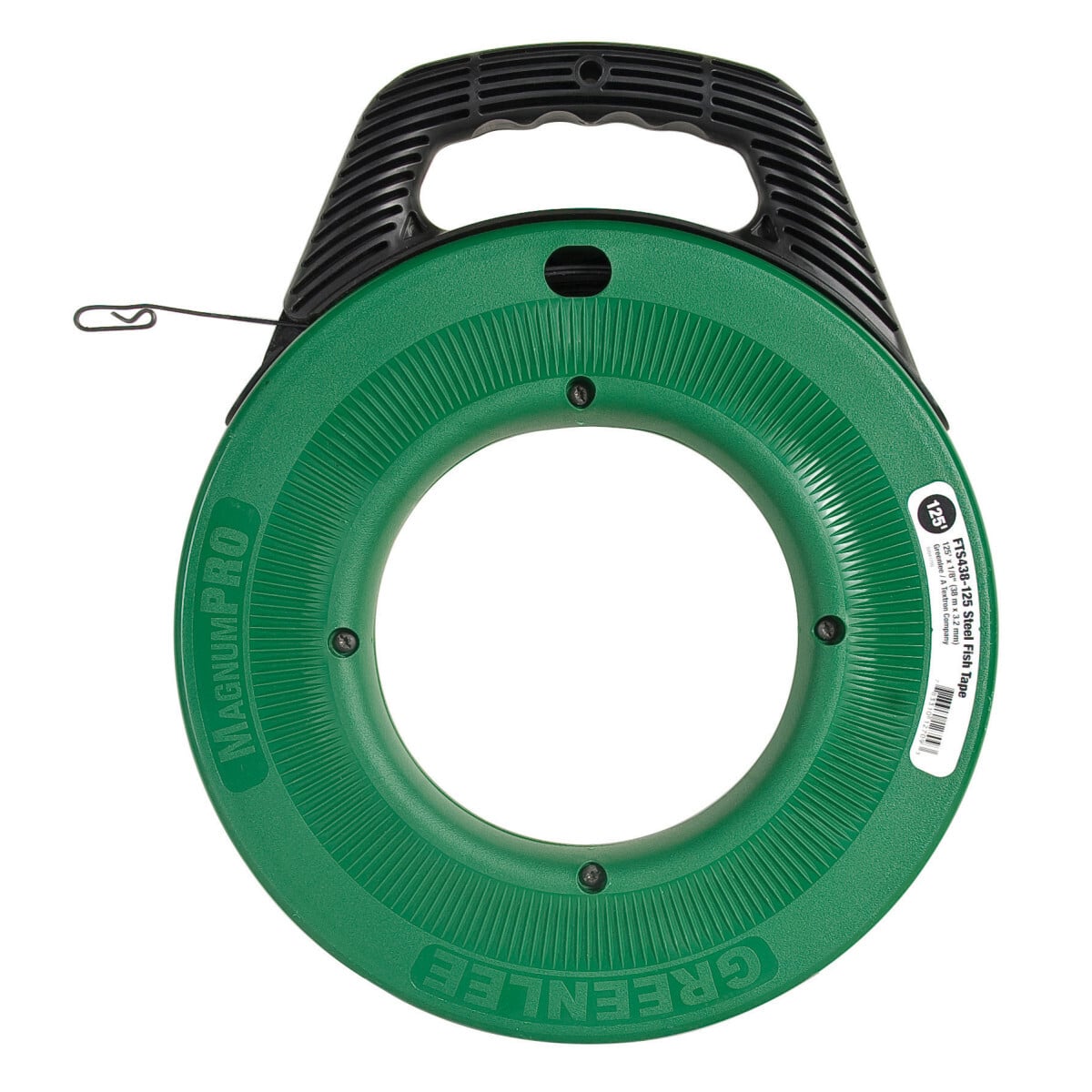 MagnumPRO Oil-Tempered Spring Steel Replacement Fish Tape 125'  x 1/8" (38.1m x 3.2mm) with Case (3 Pack).  Rugged case design improves drop impact capability.  Oil-tempered spring steel for excellent fishing performance.  Advanced comfort handle grip reduces fatigue.  Superior rapid tape pay-out and rewind.   Improved low profile tip for easy fishing through all sizes of conduit.  Viewing port gives visibility to remaining tape and ability to remove job site debris quickly.