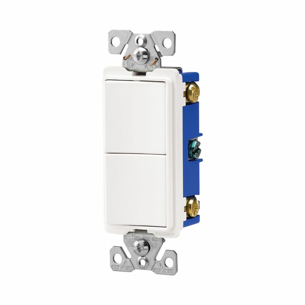 Eaton commercial grade combination switch, auto-grnd, Decorator, #14 - #12 AWG, 15A, resi, comm, 120/277V, bk and sd wiring, Rocker, Maint closure, Screw, Brass, wht, -20-60?C, (2) 1-pole, dplx, thermoplas, polycrb, PVC
