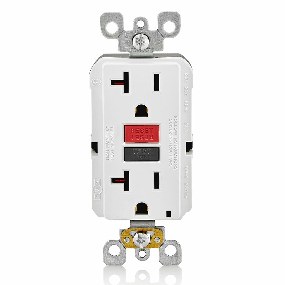 15 Amp, 125 Volt Receptacle/Outlet, 20 Amp Feed-Through, Self-test SmartLock Pro Slim Self Test GFCI, monochromatic, back and side wired, nylon wallplate/faceplate and self grounding clip included - White