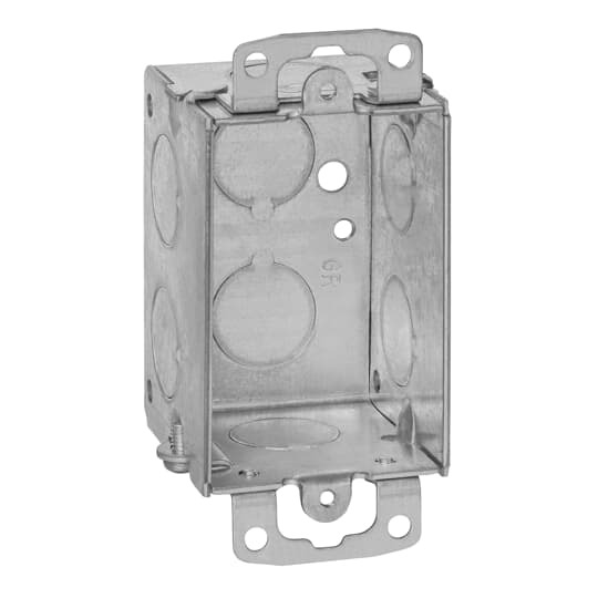 Gangable Switch Box, 10 Cubic Inches, 3 Inches Long x 2 Inches Wide x 2 Inches Deep, 1/2 Inch Knockouts, Galvanized Steel, Two Nail Holes in Sides, Furnished with Plaster Ears, pack of 20, for Retail