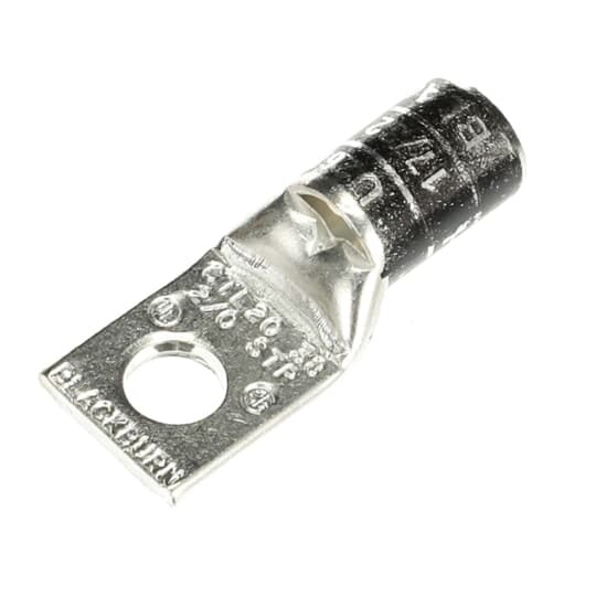 Copper One-Hole Lug, Short Barrel, Max 35kV, 2/0 Str. Wire, 3/8 Bolt Size, Tin Plated, Die Color Code Black