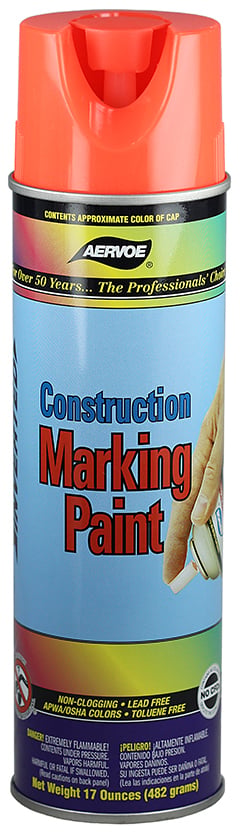 Construction Marking Paint, Fluorescent Red/Orange, 16 oz. Aerosol, 17 oz. net weight
