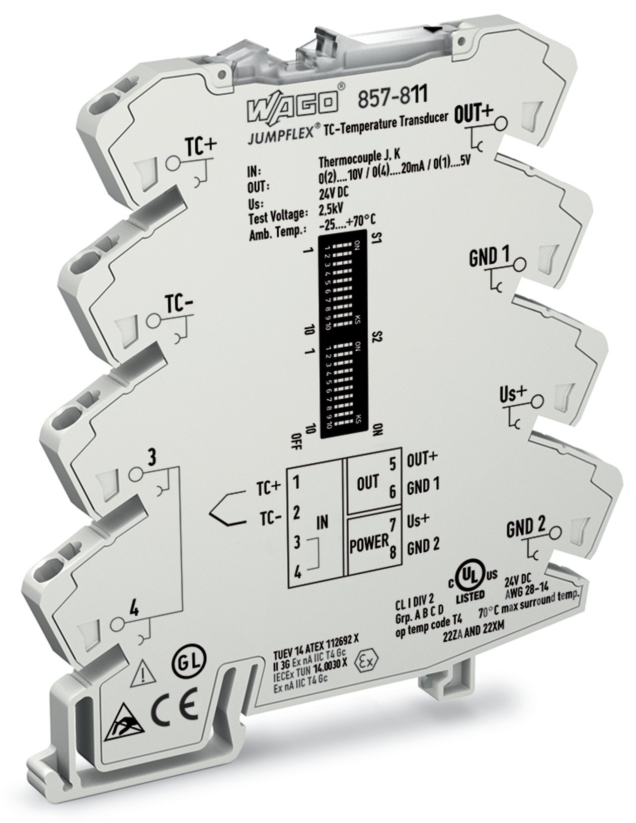 Temperature signal conditioner for thermocouples; Current and voltage output signal; Configuration via software; Supply voltage: 24 VDC; 6 mm module width; light gray