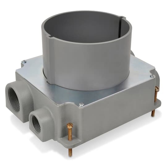 Flush Service Floor Box with Non-Metallic Collar, 140 Cubic Inches, Opening Diameter 5-31/32 Inches, Length 10-31/32 Inches, Width 8 Inches, Depth 6-5/16 Inches, 1 Inch and 1-1/2 Inch Conduit Hubs, Cast Iron, Minimum Concrete Depth Flush 4-1/2 Inches Furniture Feed 4 Inches