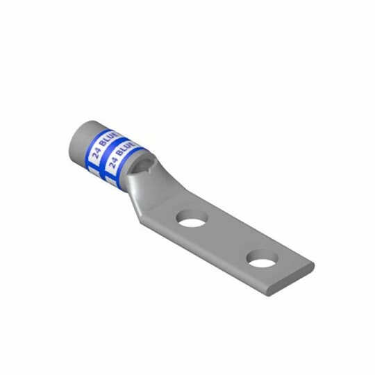Copper Two-Hole Lug, Standard Barrel, Max 35kV, Wire Size 400 kcmil, 3/8 Inch Bolt Size, 1 Inch Hole Spacing, Tin Plated, Die Code 76, Die Color Code Blue