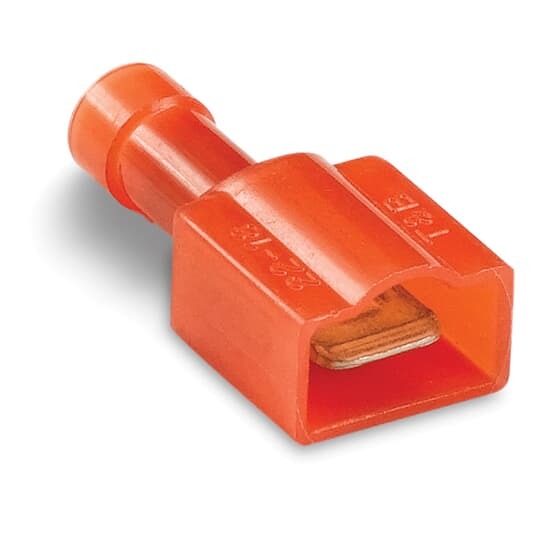 Nylon-Insulated Male Tab, Length .95 Inches, Maximum Insulated .150, Tab Size .250x.032, Wire Range #22-#18 AWG, Color Red, Copper, Tin Plated, On Mylar Tape, 500 Pack