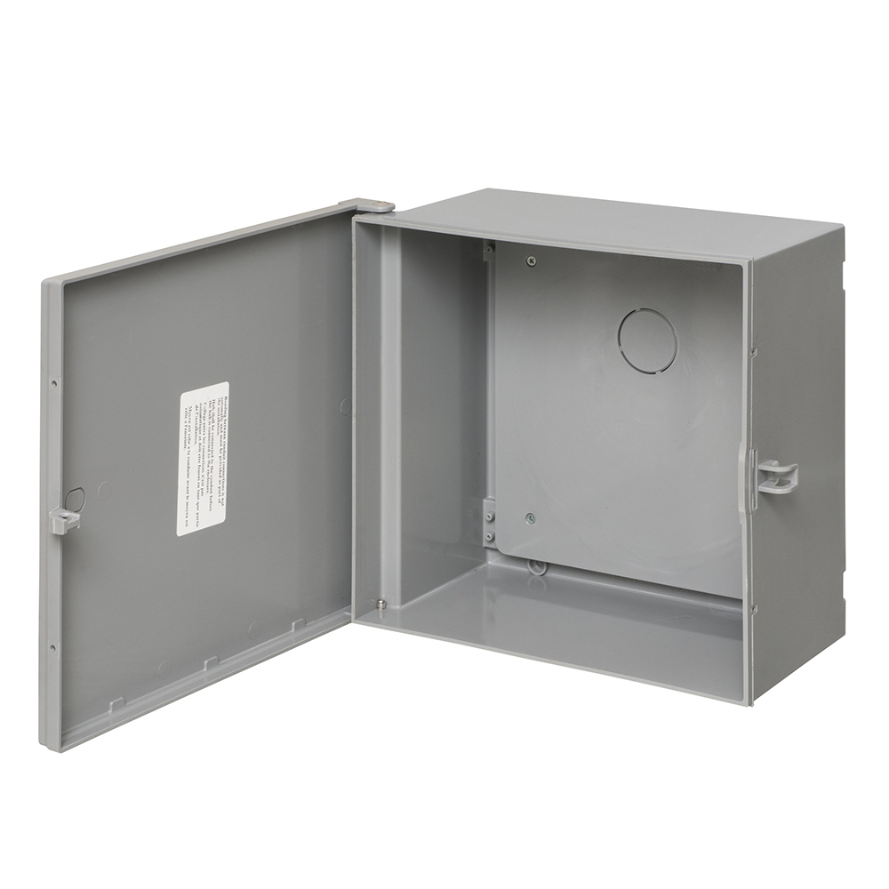 NEMA 3R rated, outdoor rated non-metallic enclosure. The included back plate allows for components to be mounted even after the enclosure is mounted. Gray, 12" x 12" x 6".