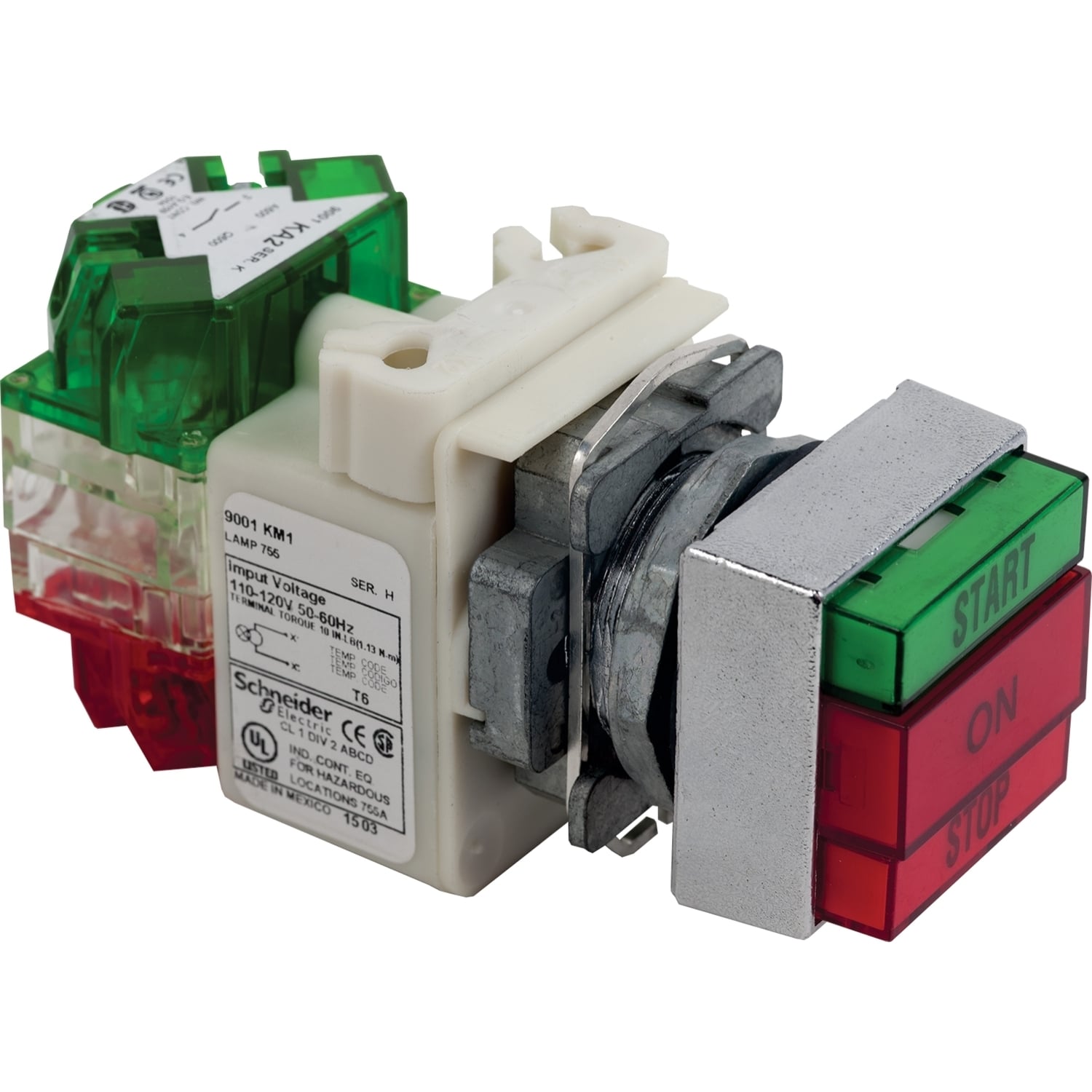 Push button, Harmony 9001K, 30mm 2 push buttons, with pilot light, green marked START / red ON / red marked STOP, 10A, 600V AC, 1NO + 1NC
