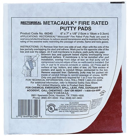 Fire Rated Putty Pad, 6 x 7 x 1/8 in. Size, Water Resistant