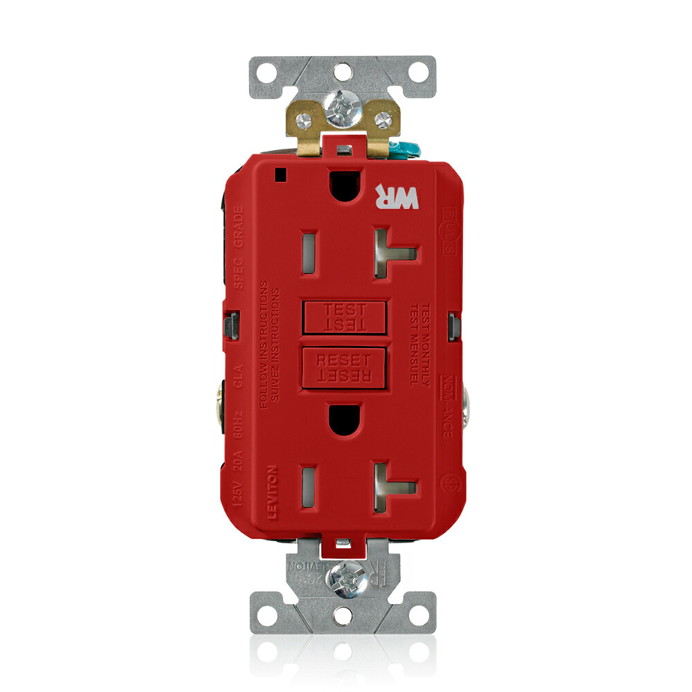 20 Amp, 125 Volt, SmartlockPro Self-Test GFCI Duplex Receptacle , NEMA 5-20R, 2P, 3W, Extra-Heavy Duty Industrial Grade, Weather & Tamper-Resistant, 20A Feed-Through, Back or Side Wired - RED