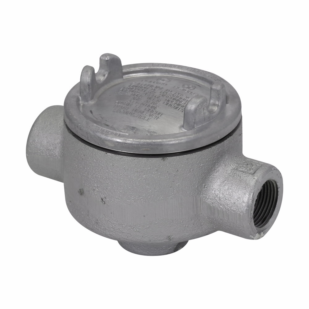 Eaton Crouse-Hinds series Condulet GUA conduit outlet box with cover, 5" cover opening diameter, Feraloy iron alloy, D shape, 1-1/4"
